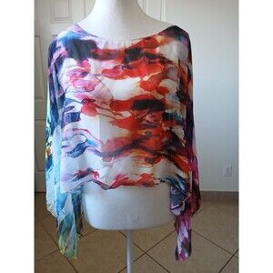 Frank Lyman Womens Blouse Top Sheer Asymmetric Multicolor Size 10 Chiffon Artsy